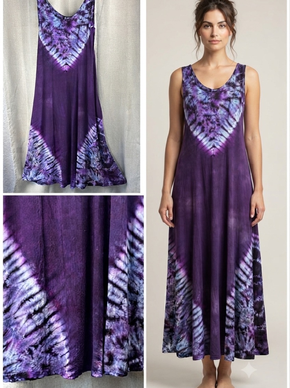 Purple Tie Dye Maxi Dress L Sleeveless Tank Handmade Grateful VTG Oregon Hippie